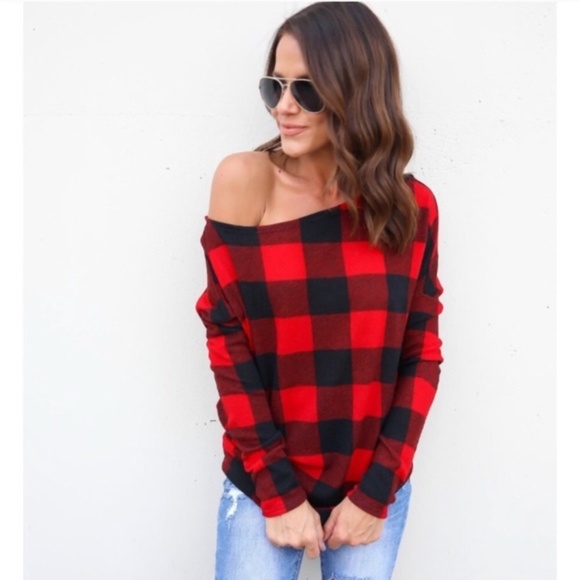 SOLD OUT Red Buffalo Plaid Check Checkered One Off the Shoulder Soft Sweater - Picture 5 of 6
